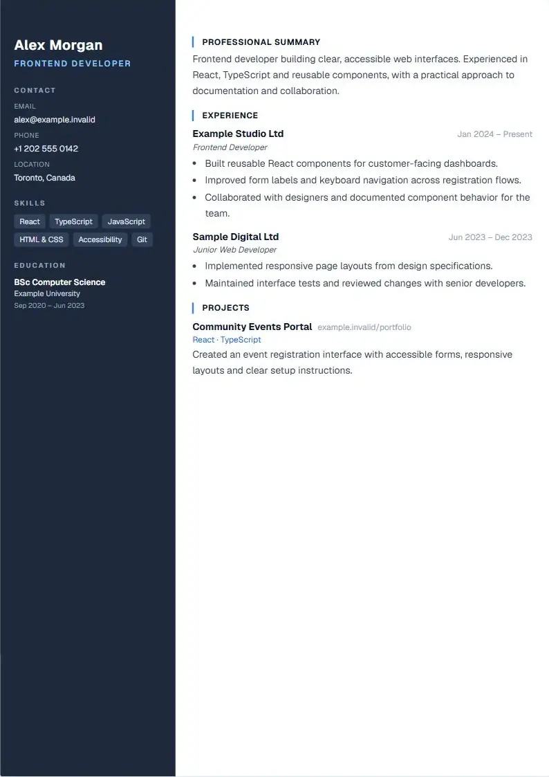 Bold Accent resume template with fictional example content