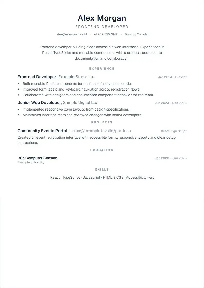 Minimal Executive resume template with fictional example content