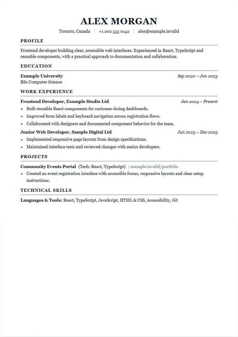 Modern Split resume template with fictional example content