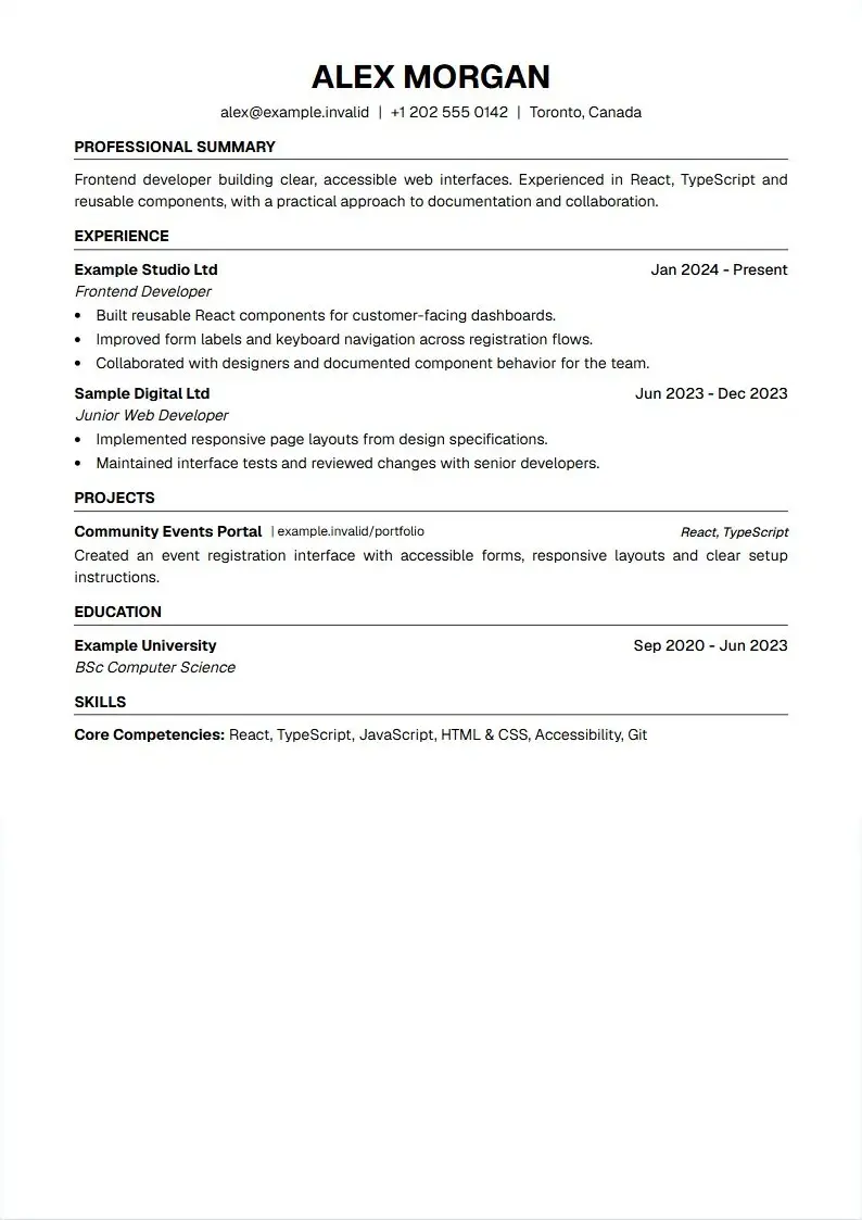 Standard ATS resume template with fictional example content